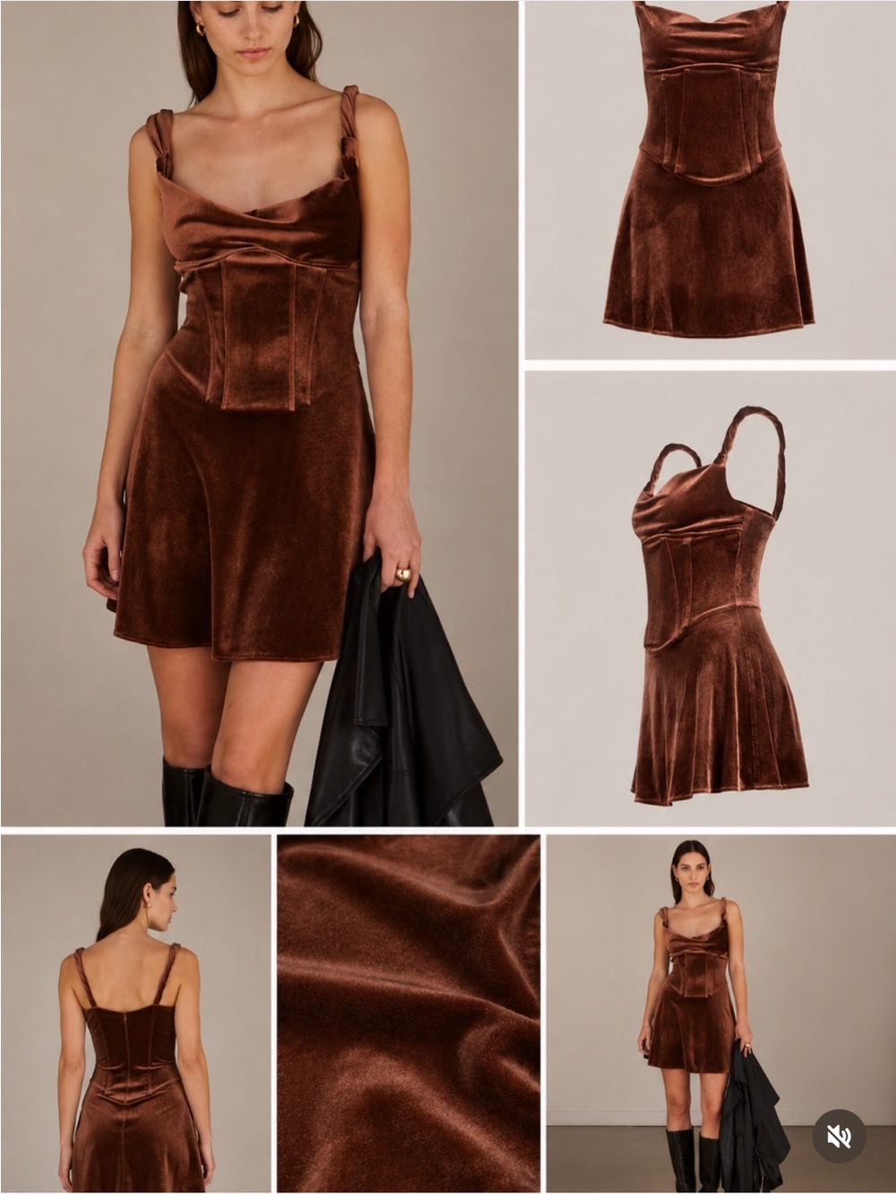 Saemdi Wren Corset Velvet Dress Bronze Romantic Cowl Neck A-Line Mini Small New